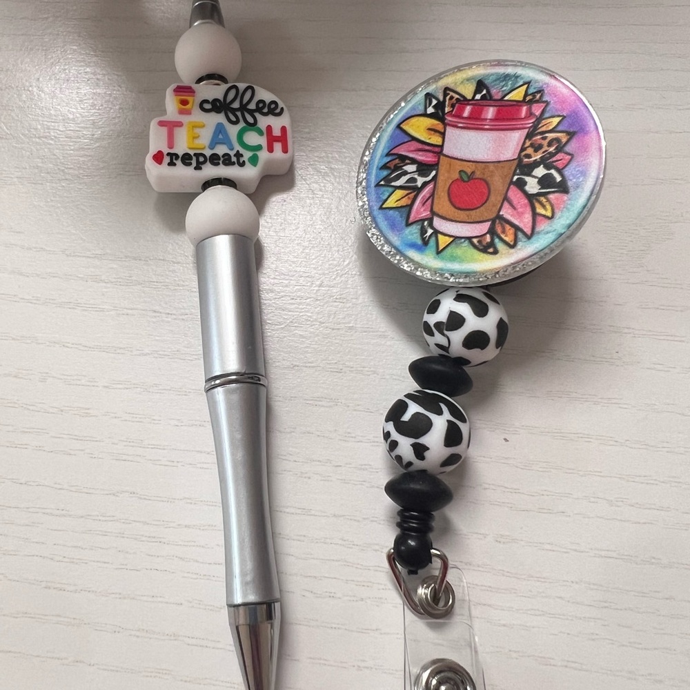 Colorful Teacher Badge Reel and Pen Set